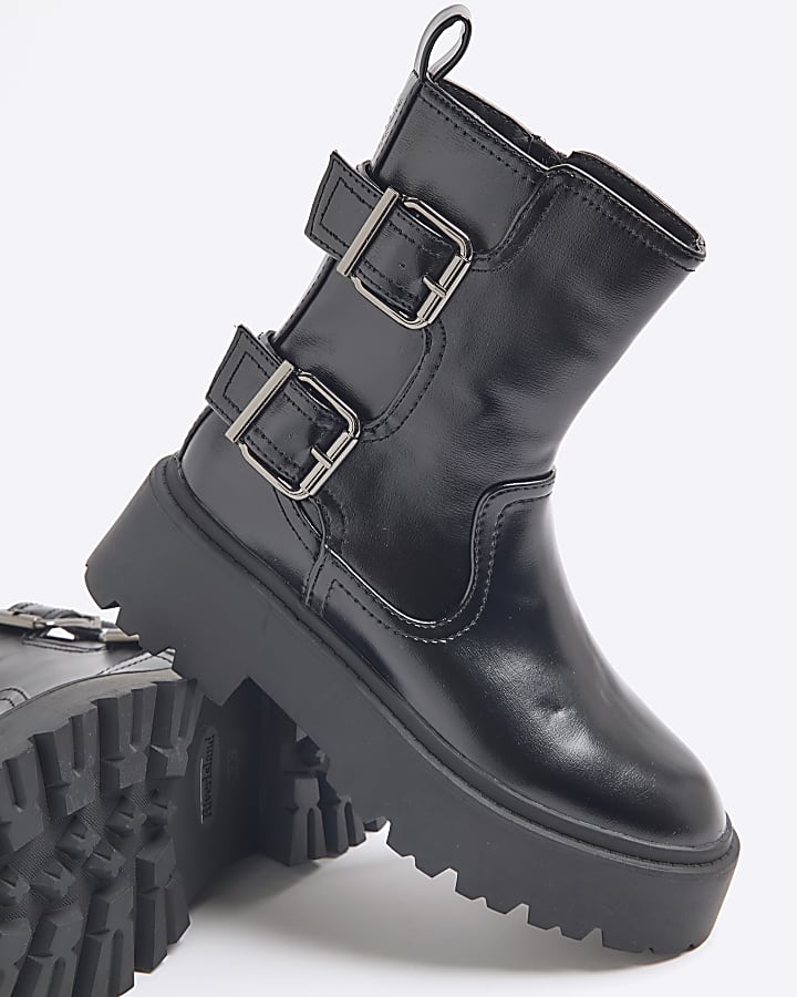 Black Double Buckle Chunky Biker Boots