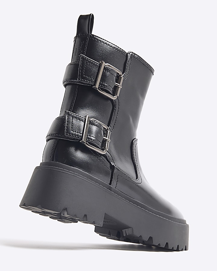 Black Double Buckle Chunky Biker Boots