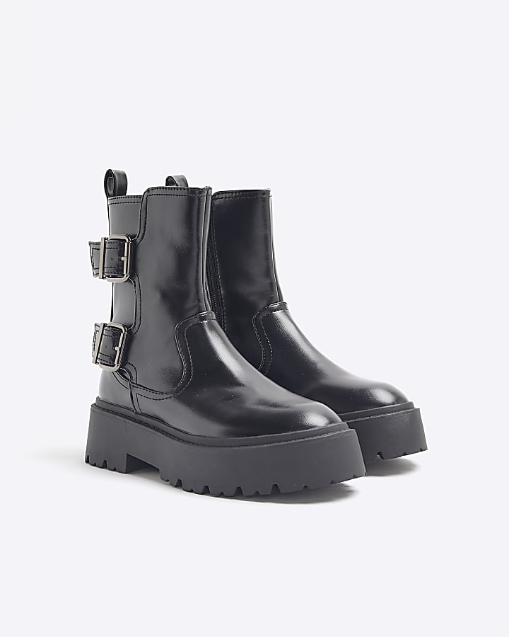 Black Double Buckle Chunky Biker Boots