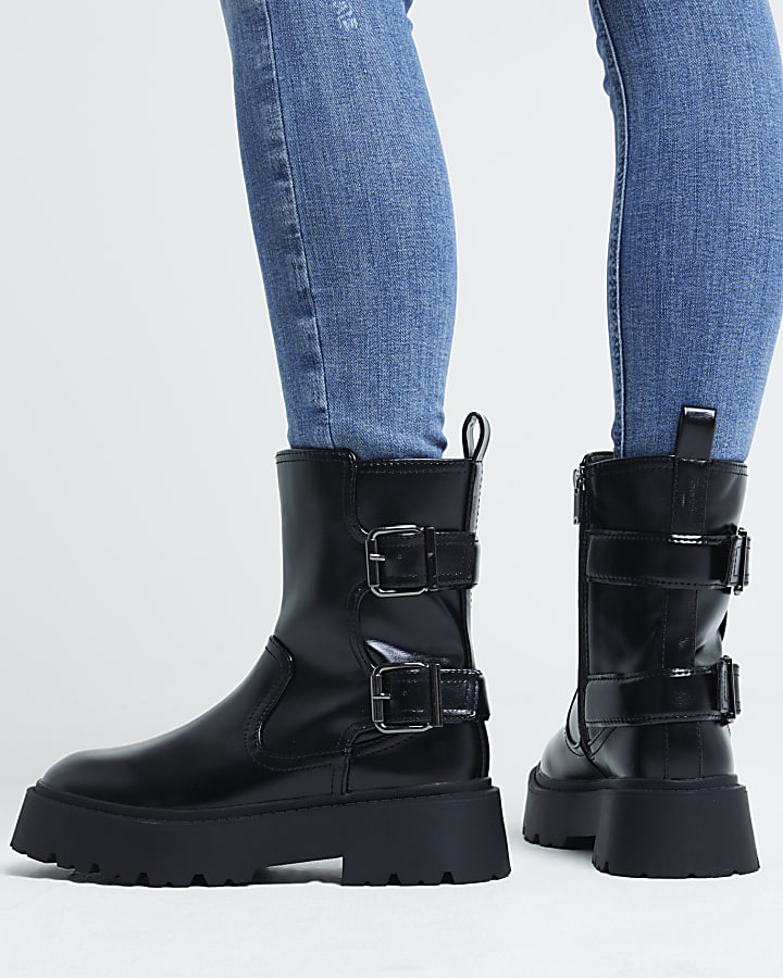 Black Double Buckle Chunky Biker Boots