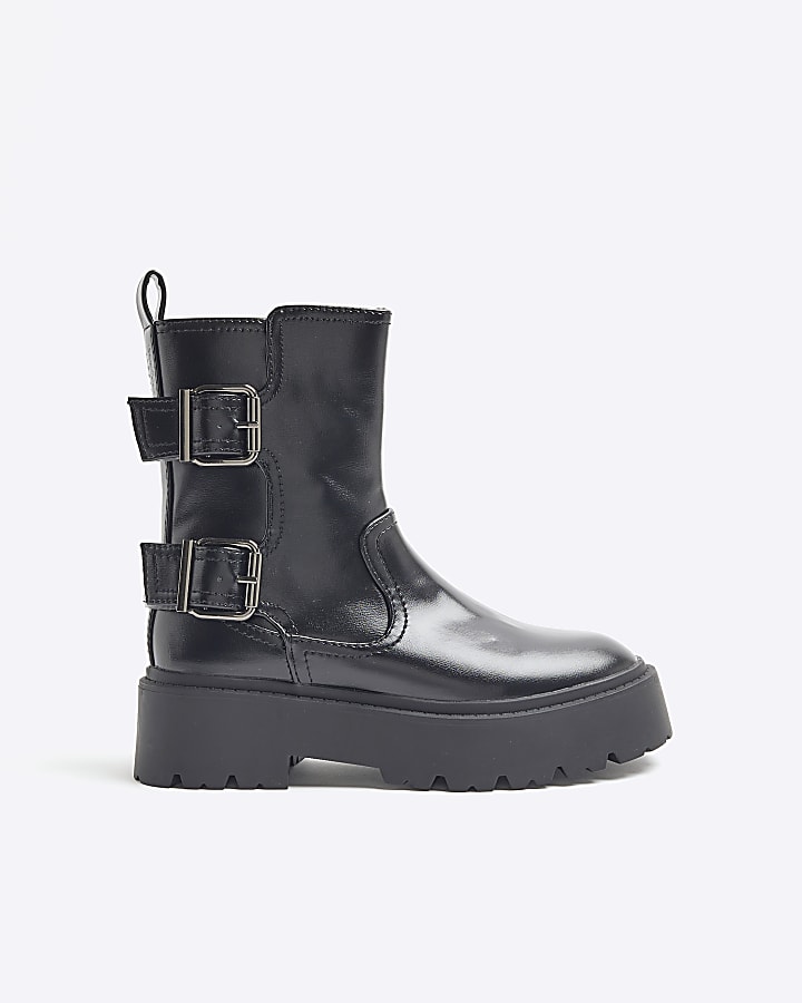 Black Double Buckle Chunky Biker Boots