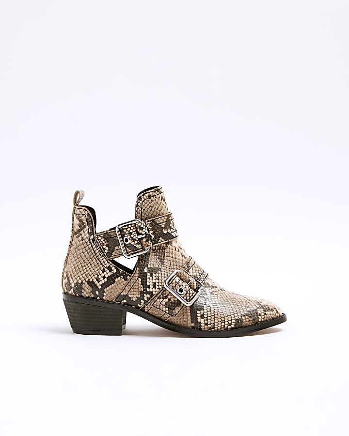 Beige Snake Print Buckle Western Heeled Boots