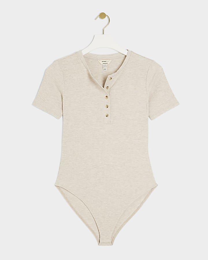 Beige crew neck button down bodysuit