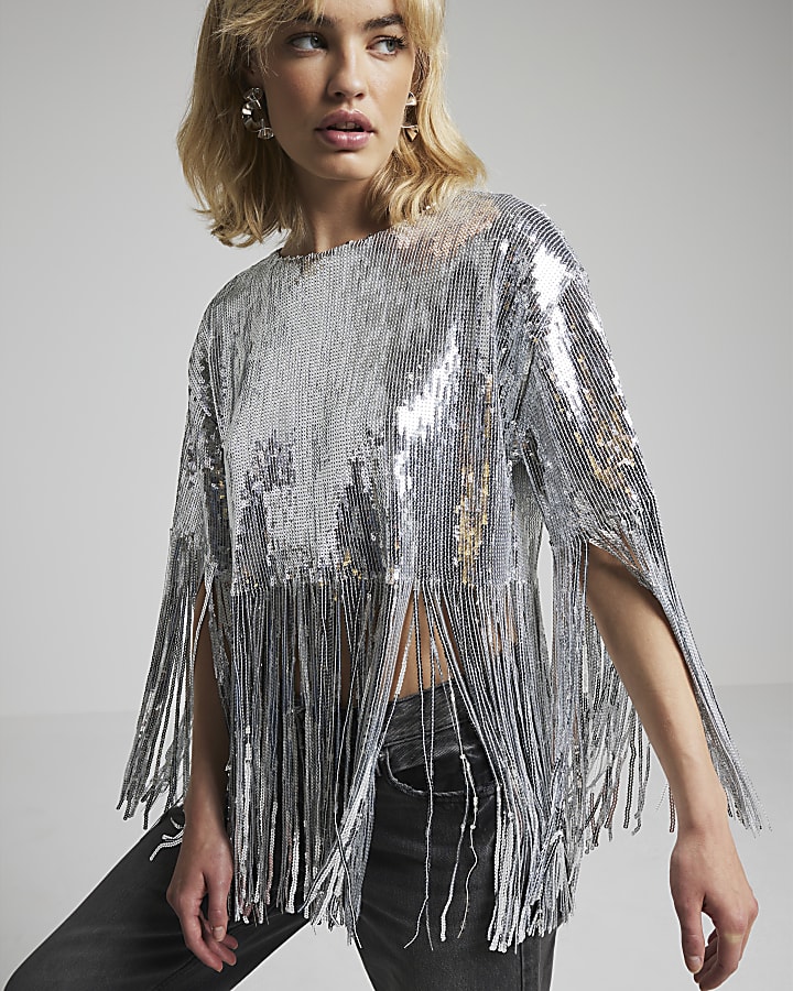 Silver sequin fringe cape top