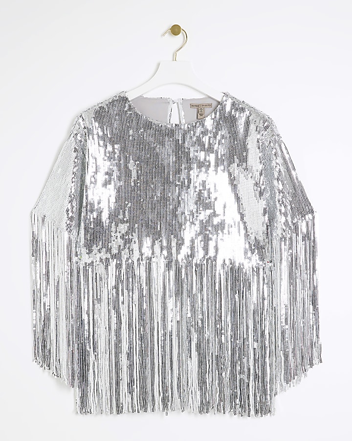 Silver sequin fringe cape top