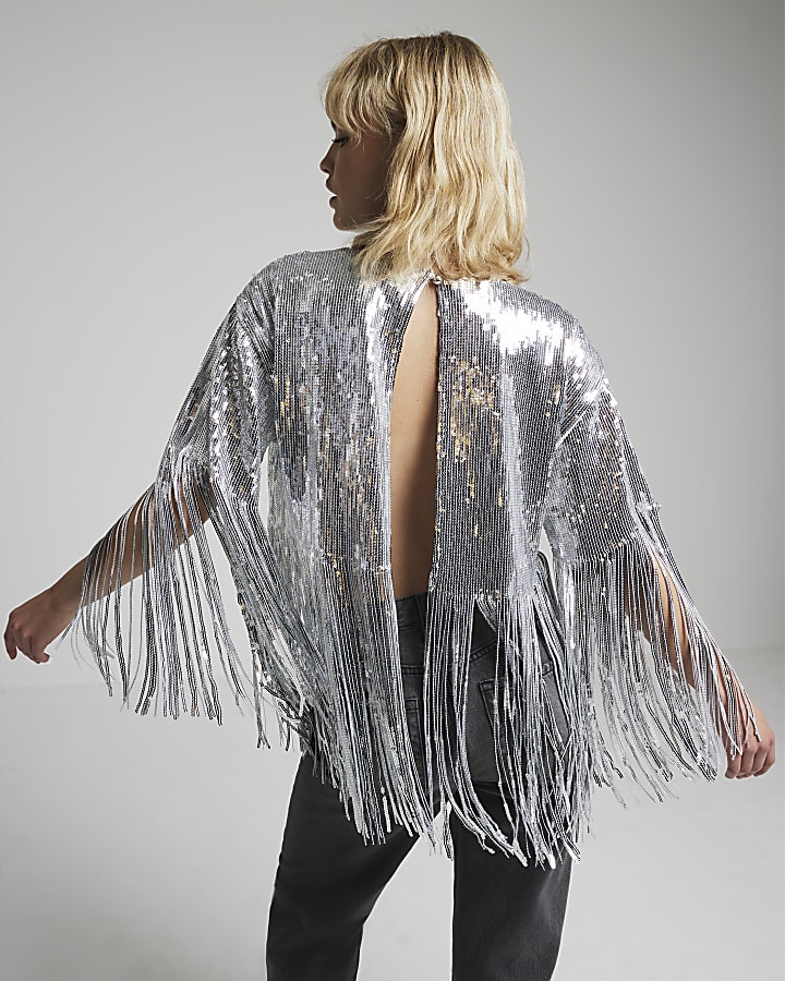 Silver sequin fringe cape top