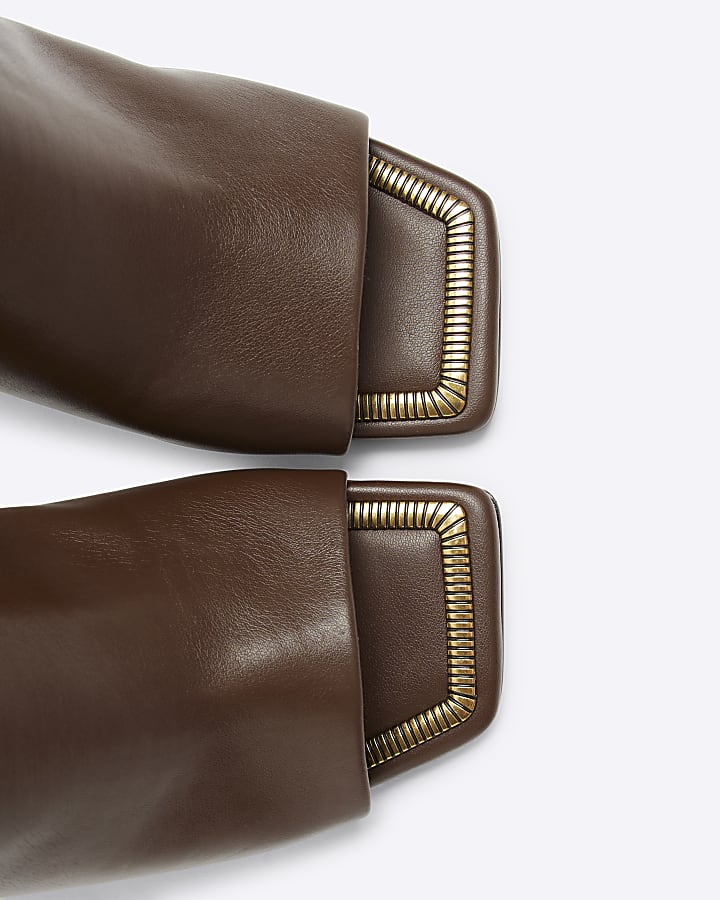 Brown hardware heeled mule sandals