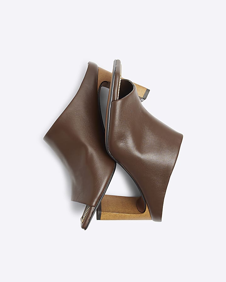 Brown hardware heeled mule sandals