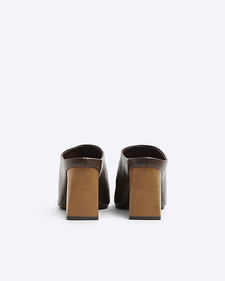 Brown hardware heeled mule sandals