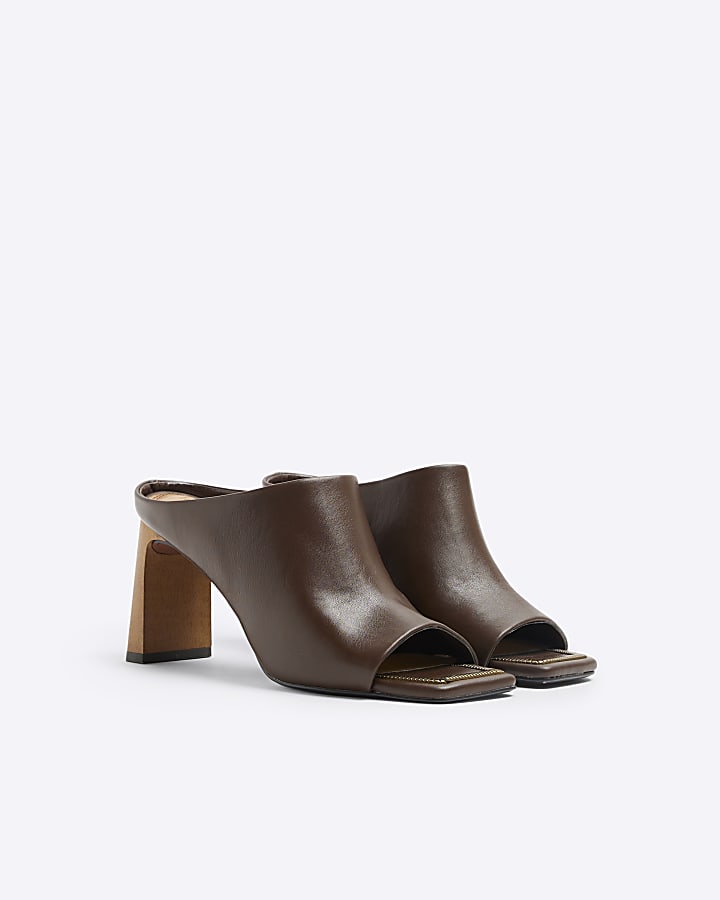 Brown hardware heeled mule sandals