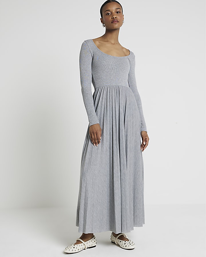 Grey ribbed pleated skater maxi dress