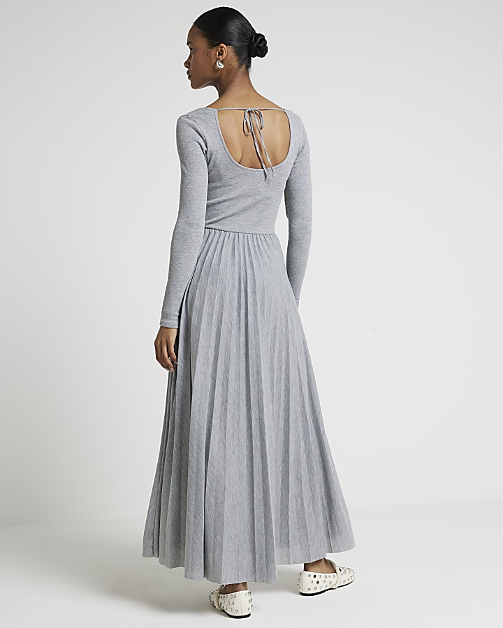 Grey ribbed pleated skater maxi dress