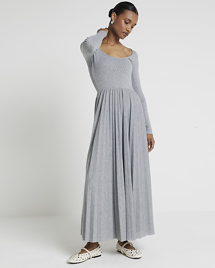 Grey ribbed pleated skater maxi dress