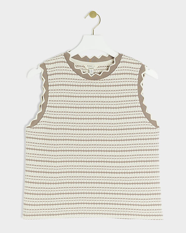 Brown crochet knit stripe vest top