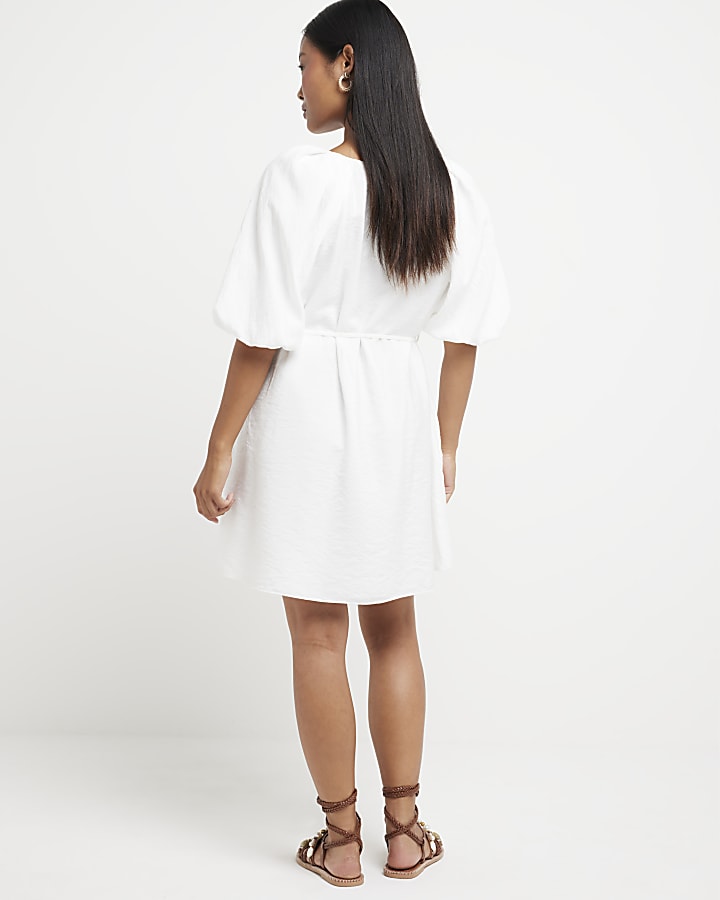 Petite White Puff Sleeve Swing Mini Dress