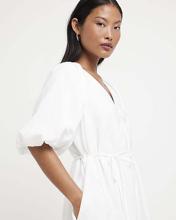 Petite White Puff Sleeve Swing Mini Dress