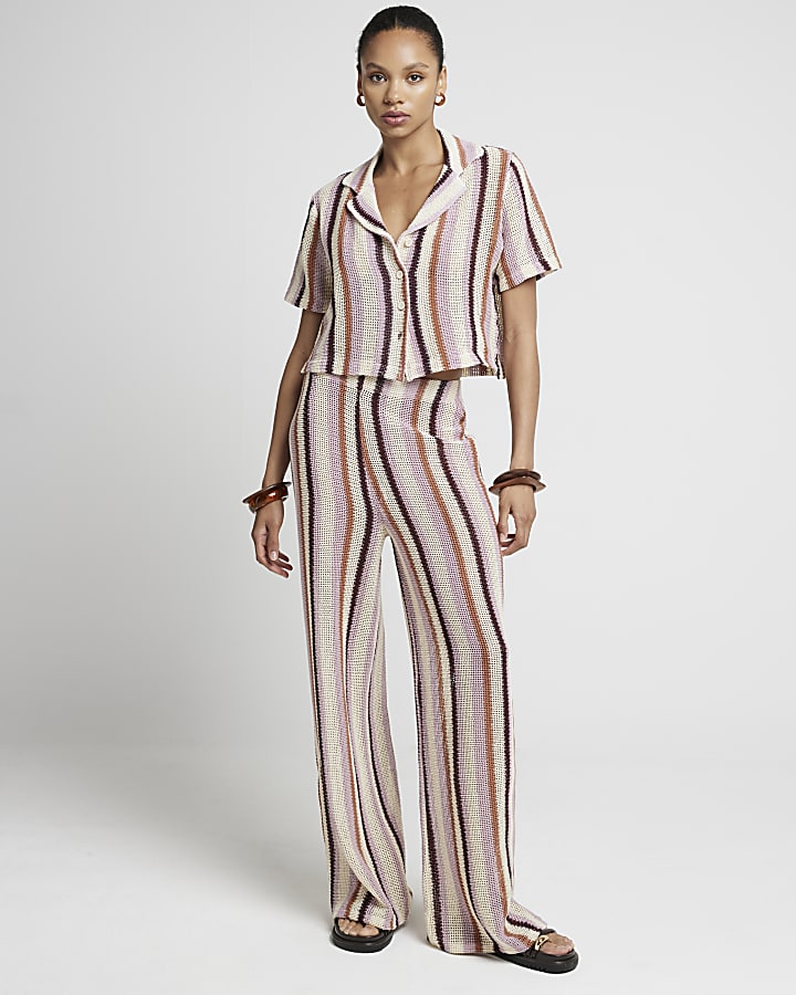 Pink crochet stripe wide leg trousers