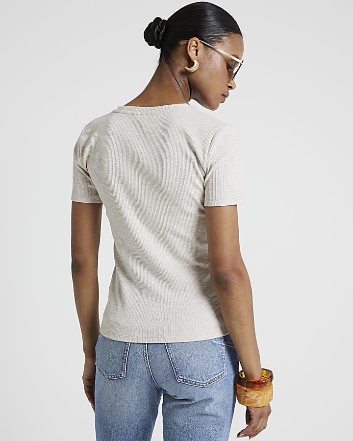 Beige ribbed button t-shirt