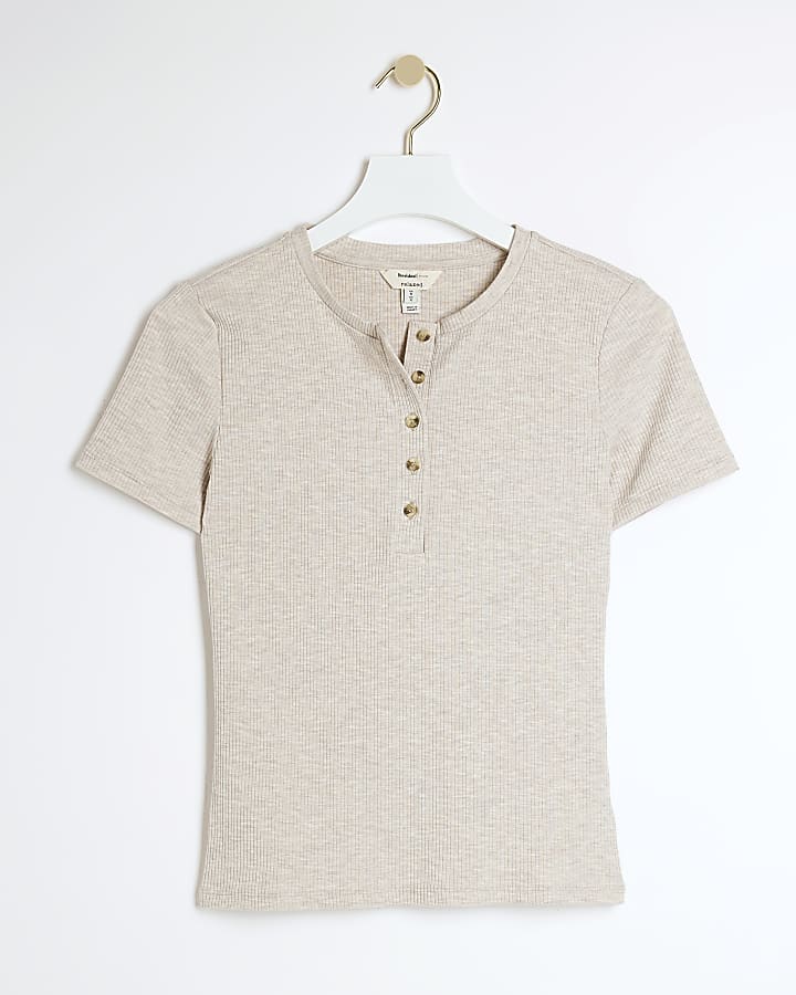 Beige ribbed button t-shirt