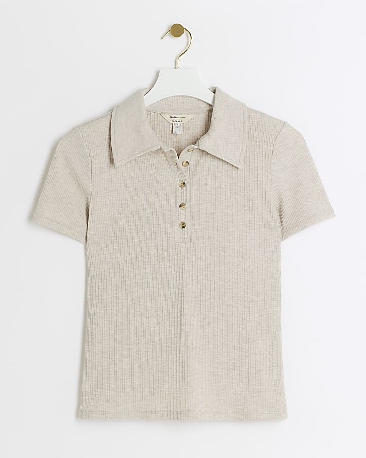 Beige ribbed polo t-shirt