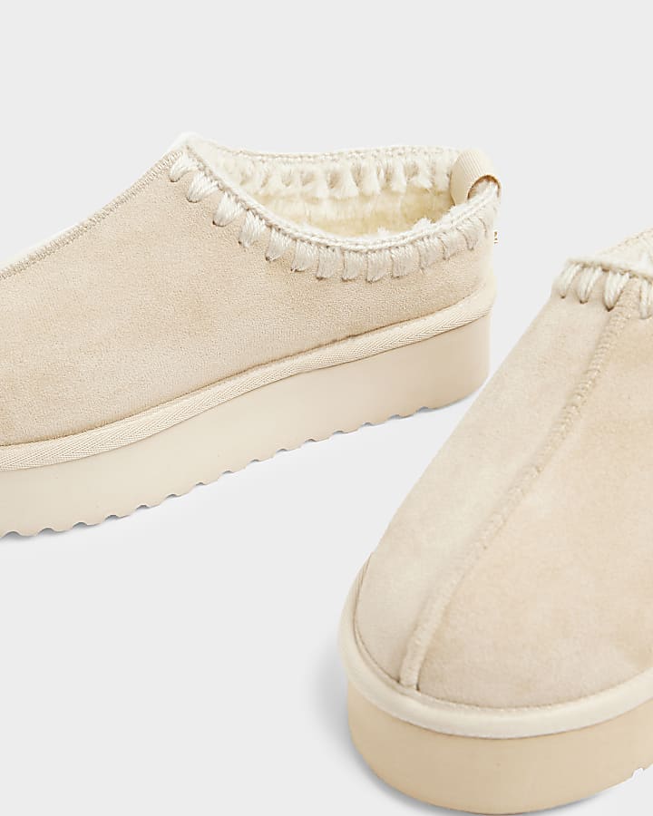 Beige faux suede faux fur platform mules