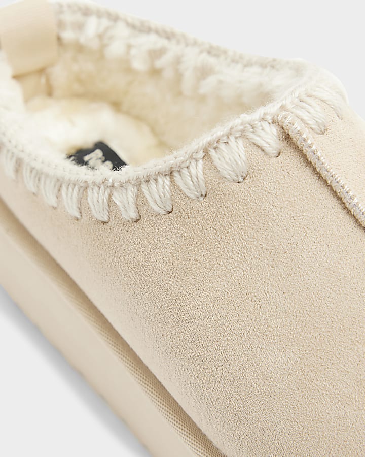 Beige faux suede faux fur platform mules