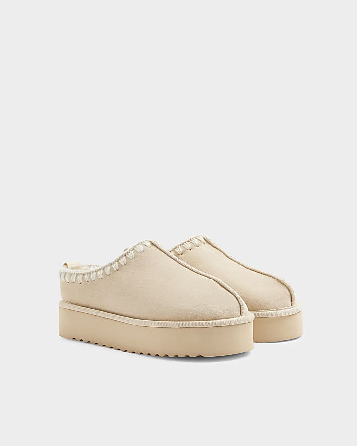Beige faux suede faux fur platform mules
