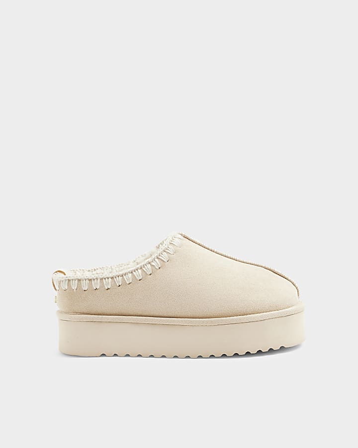 Beige faux suede faux fur platform mules