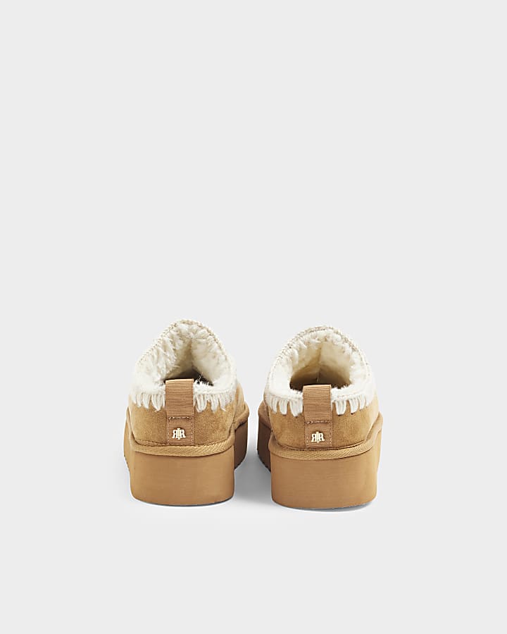 Tan Brown suedette faux fur platform mules
