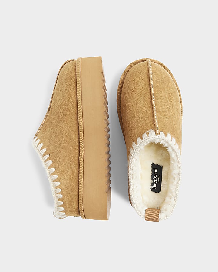 Tan Brown suedette faux fur platform mules