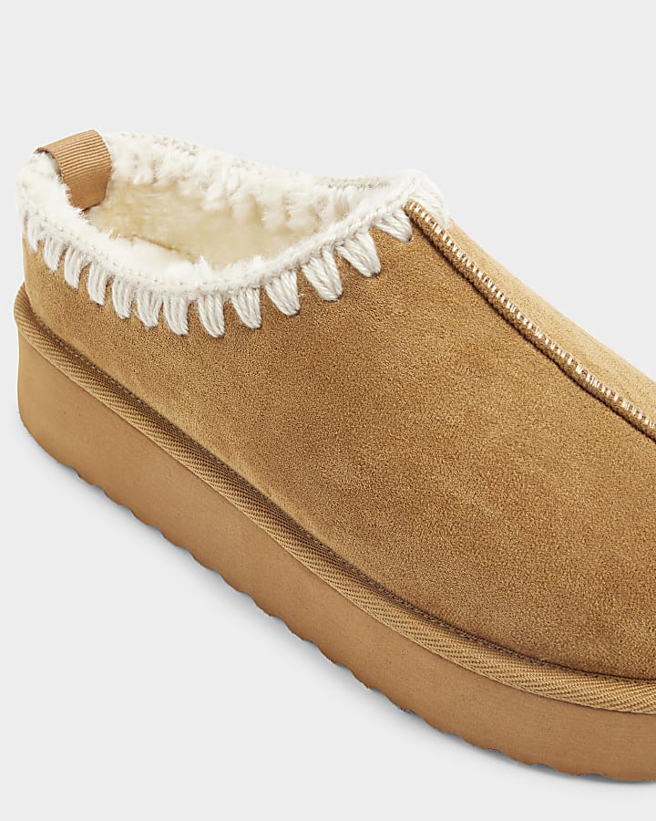 Tan Brown suedette faux fur platform mules