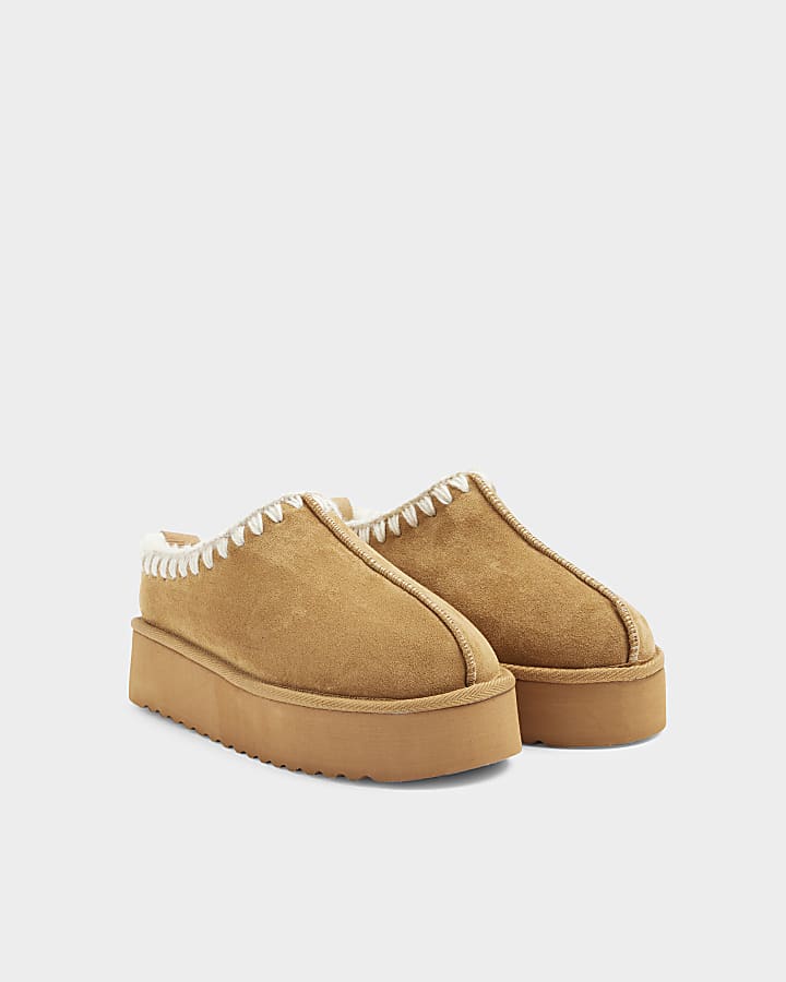 Tan Brown suedette faux fur platform mules