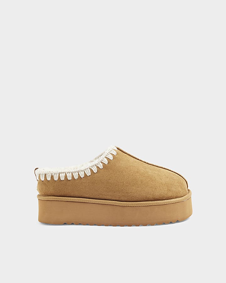 Tan Brown suedette faux fur platform mules