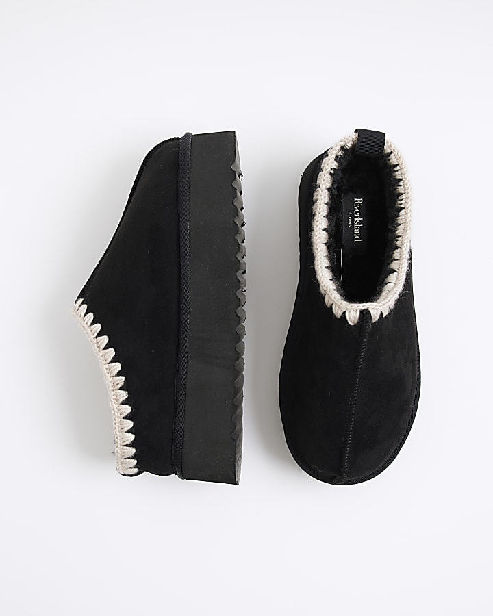 Black Suedette Faux fur platform mules