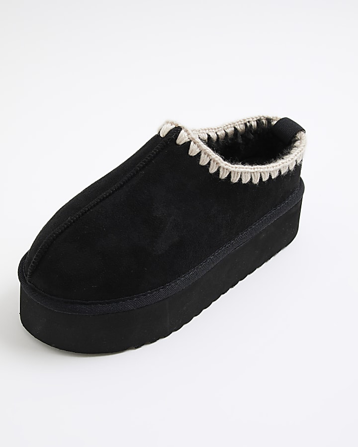 Black Suedette Faux fur platform mules