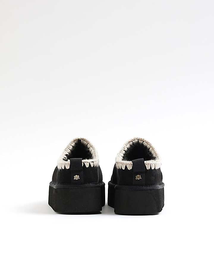 Black Suedette Faux fur platform mules