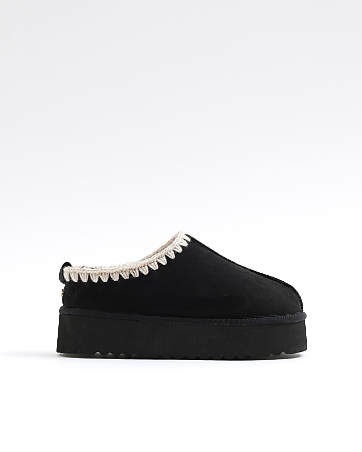 Black Suedette Faux fur platform mules