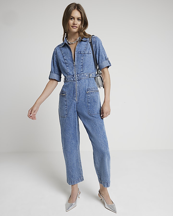 Blue Denim Zip Up Jumpsuit