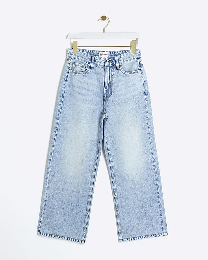 Blue high waisted relaxed straight crop jeans