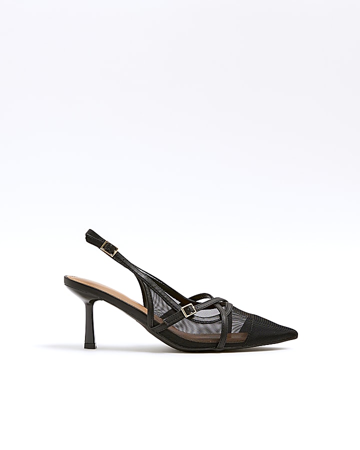 Black Mesh Sling Back Heeled Court Shoes