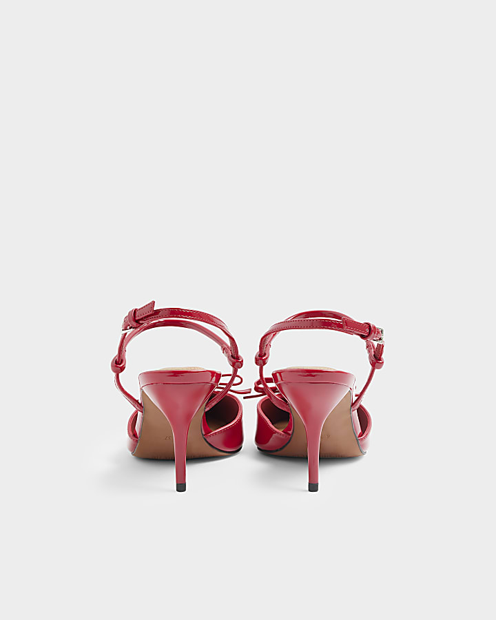 Red patent bow sling back heeled court shoes