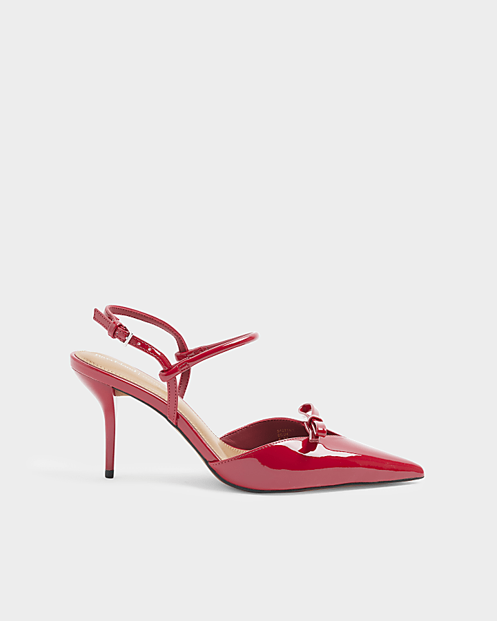 Red patent bow sling back heeled court shoes