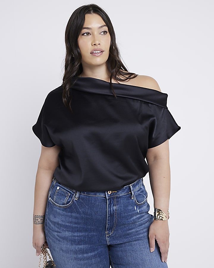 Plus Black Off Shoulder Short Sleeve Top River Island