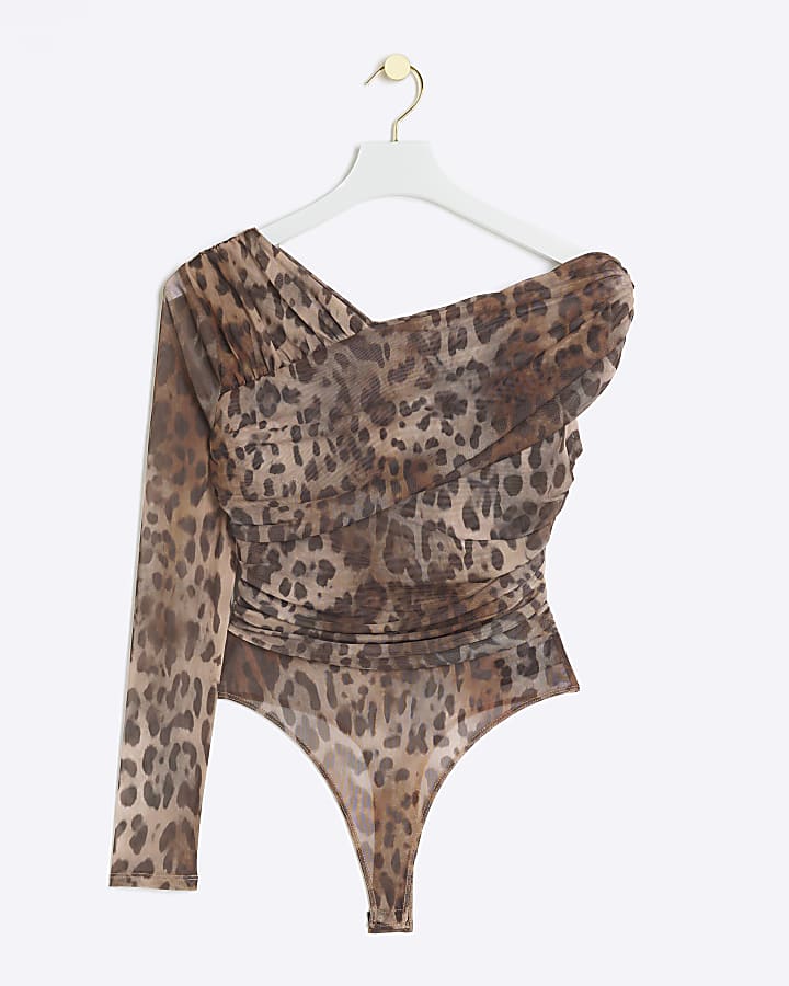 Brown mesh leopard print asymmetric bodysuit