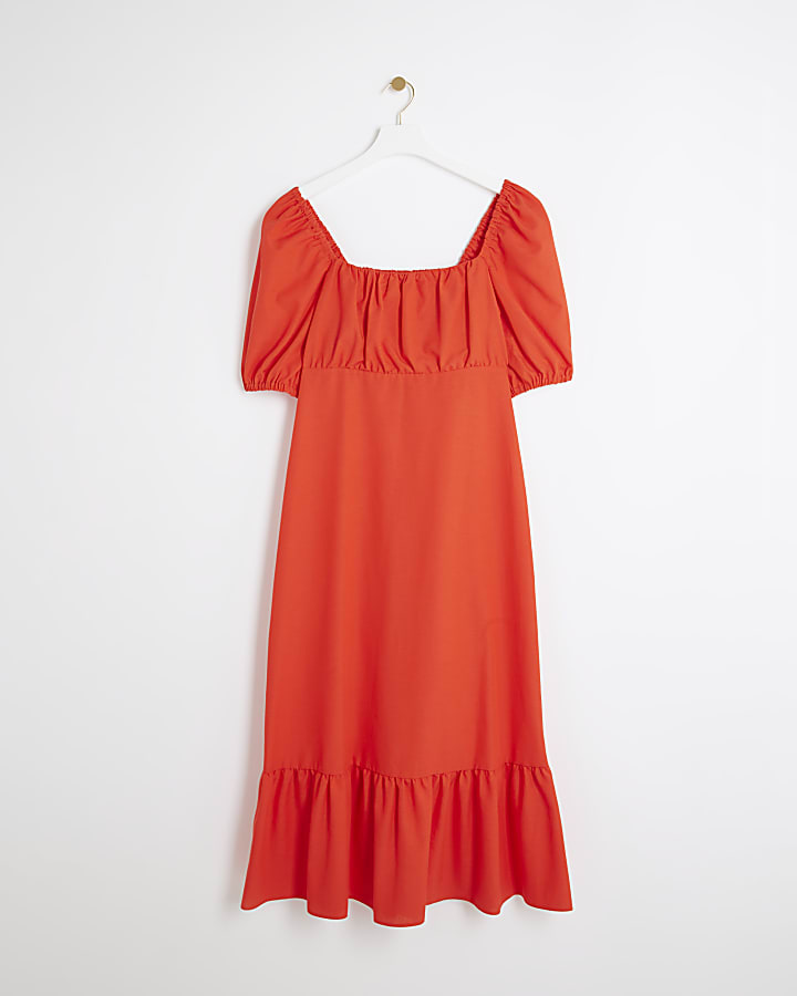 Red milkmaid midi swing dress