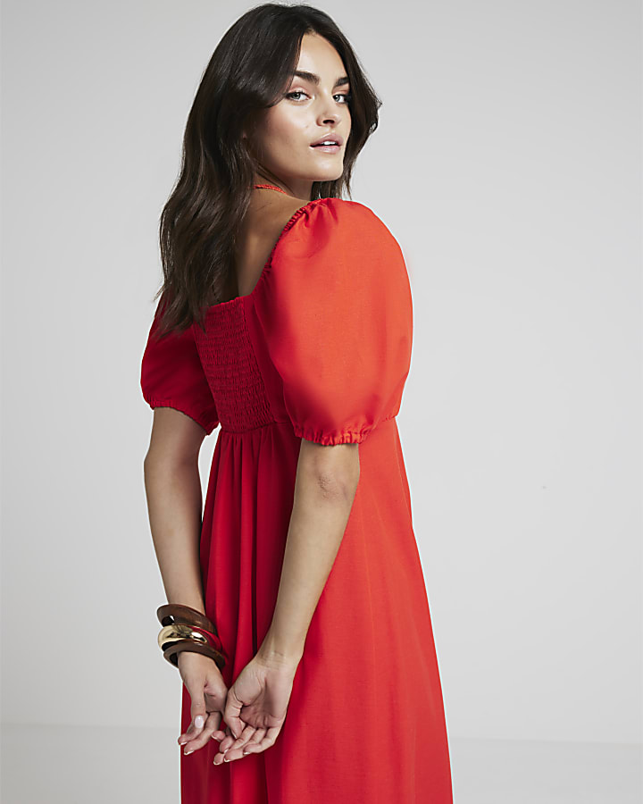 Red milkmaid midi swing dress