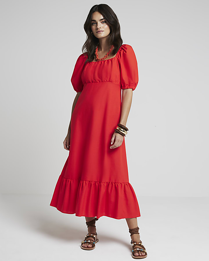 Red milkmaid midi swing dress