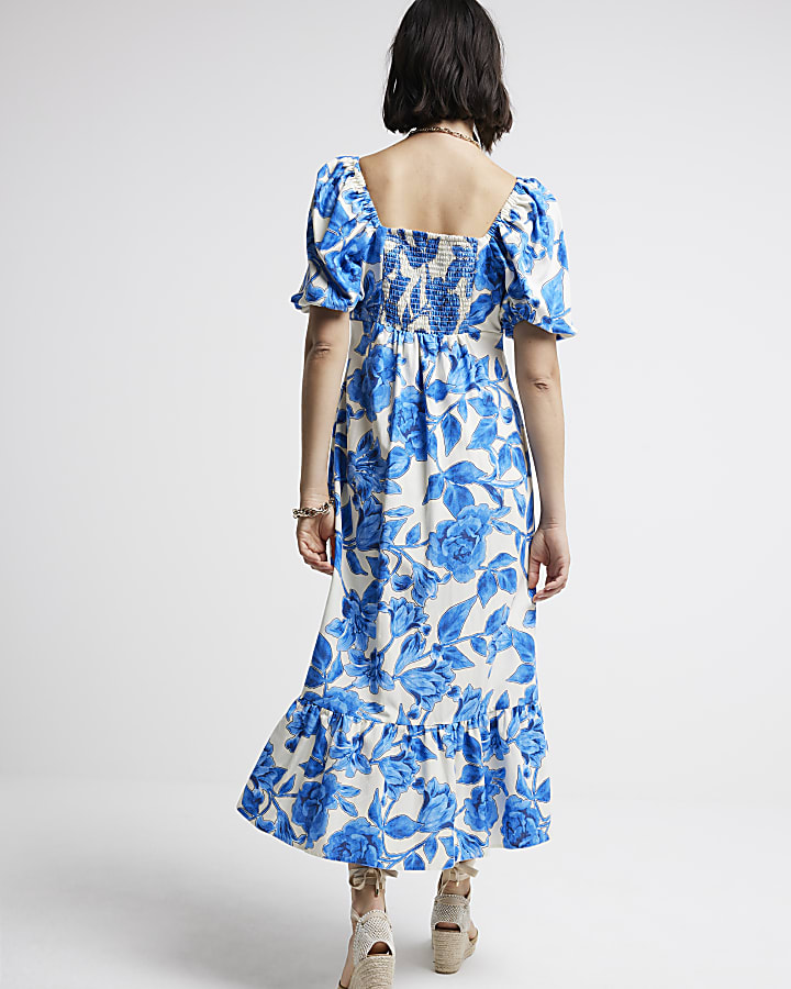 Blue floral puff sleeve swing midi dress