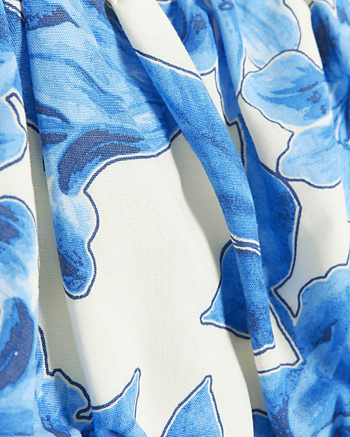 Blue floral puff sleeve swing midi dress