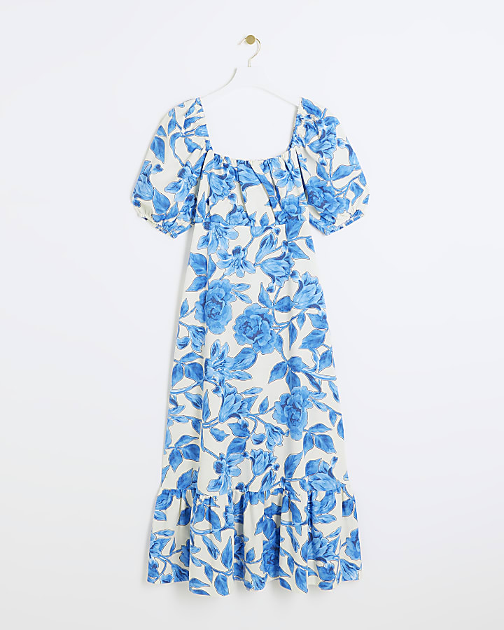 Blue floral puff sleeve swing midi dress